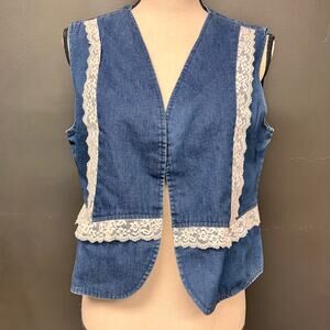 vintage 1970's women's denim open front vest white lace trim western prairie Lg